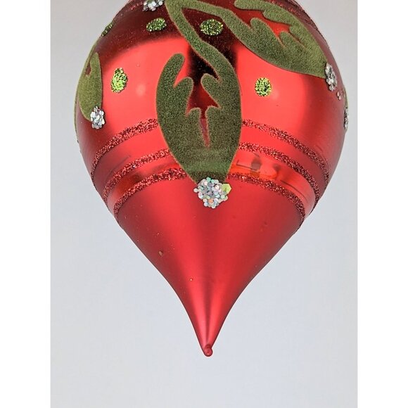 Pair Red and Green Glittery Glass Christmas Ornaments Round Ball Teardrop Felted - Picture 9 of 10